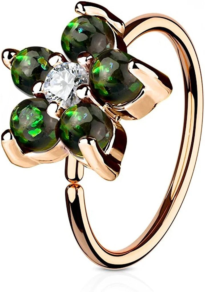 Surgical Steel Rose Gold IP Plated Opal Glitter Flower Petals CZ Center Hoop Ring for Nose and Ear Cartilage Nose Ring, cartilage ring Impulse Piercings Dark Green