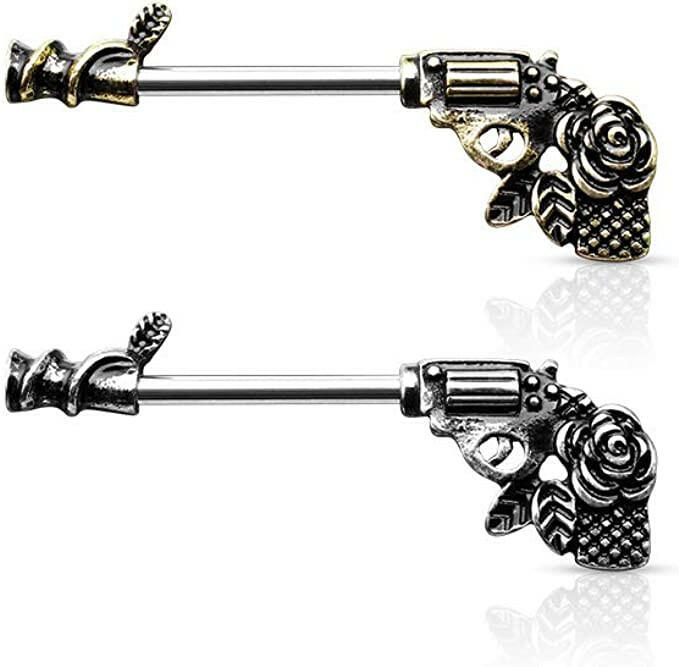 Surgical Steel Rose Pistol Nipple Barbell Rings Nipple Ring Impulse Piercings Silver