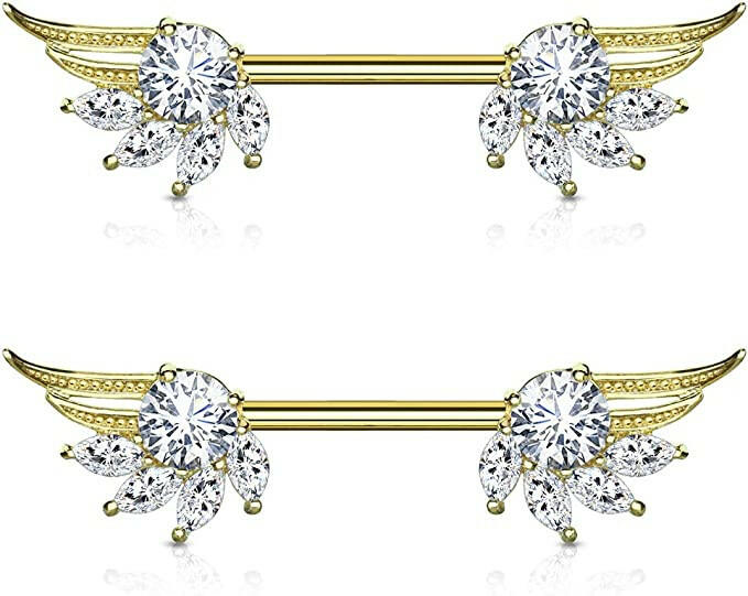 Surgical Steel Round and Marquise CZ Angel Wings Ends Nipple Barbell Rings Nipple Ring Impulse Piercings Gold