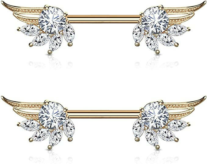 Surgical Steel Round and Marquise CZ Angel Wings Ends Nipple Barbell Rings Nipple Ring Impulse Piercings Rose Gold