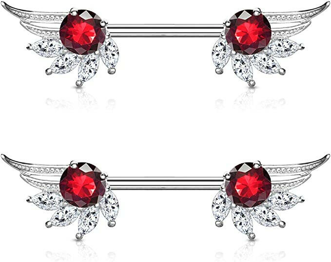 Surgical Steel Round and Marquise CZ Angel Wings Ends Nipple Barbell Rings Nipple Ring Impulse Piercings Red