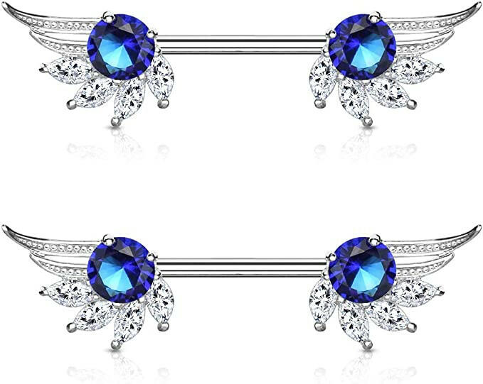 Surgical Steel Round and Marquise CZ Angel Wings Ends Nipple Barbell Rings Nipple Ring Impulse Piercings Blue