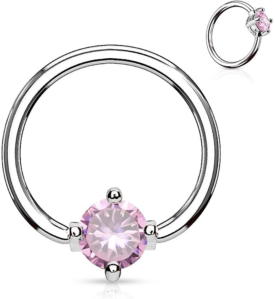 Surgical Steel Round CZ Captive Hoop Rings Captive Bead Impulse Piercings 16GA Length: 10mm Pink