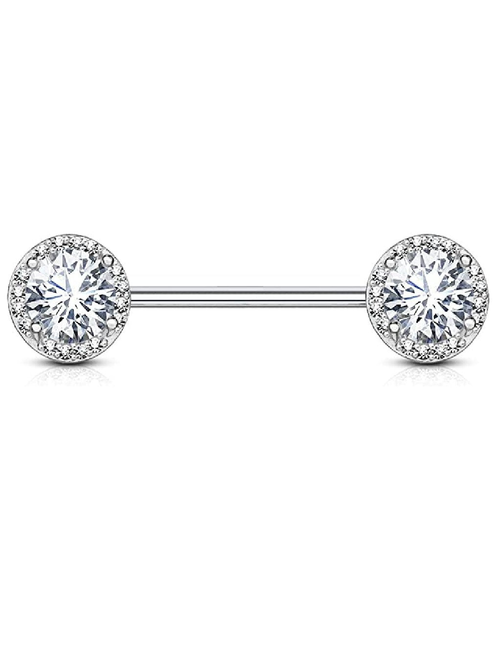 Surgical Steel Round CZ Center with CZ Paved Around Ends Nipple Barbell Rings Nipple Ring Impulse Piercings Clear