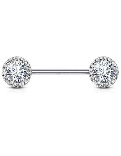 Surgical Steel Round CZ Center with CZ Paved Around Ends Nipple Barbell Rings Nipple Ring Impulse Piercings Clear