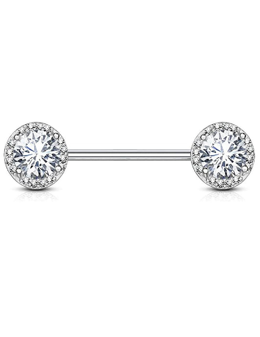 Surgical Steel Round CZ Center with CZ Paved Around Ends Nipple Barbell Rings Nipple Ring Impulse Piercings Clear