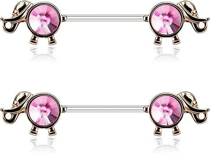 Surgical Steel Round Gemmed Elephant Nipple Barbell Rings Nipple Ring Impulse Piercings Rose Gold