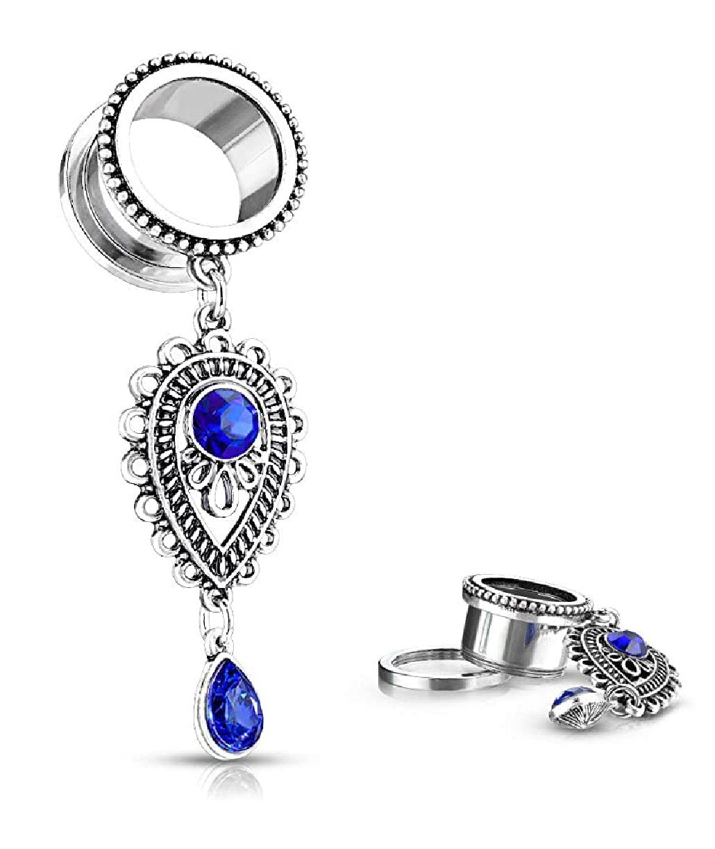 Surgical Steel Sapphire Blue Stone Tear Drop Charms Dangle Screw Fit Flesh Tunnel Plugs Plugs Impulse Piercings 2GA (6mm)