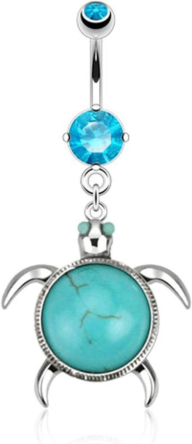 Surgical Steel Sea Turtle with Turquoise Semi Precious Stone Shell Belly Navel Ring Navel Ring Impulse Piercings