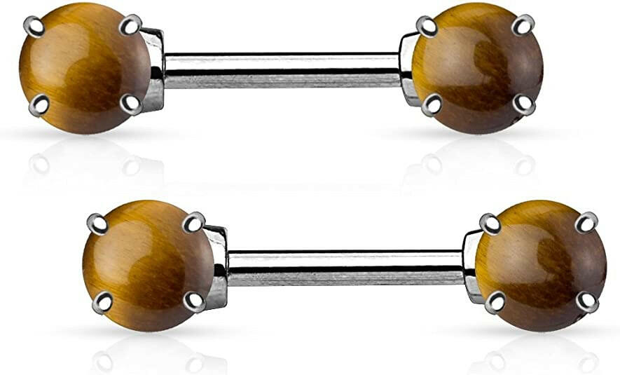 Surgical Steel Semi Precious Stone Ends Nipple Barbell Rings Nipple Ring Impulse Piercings Tiger Eye