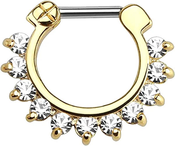 Surgical Steel Single Line Pronged Gems Septum Clicker Septum Ring Impulse Piercings Gold