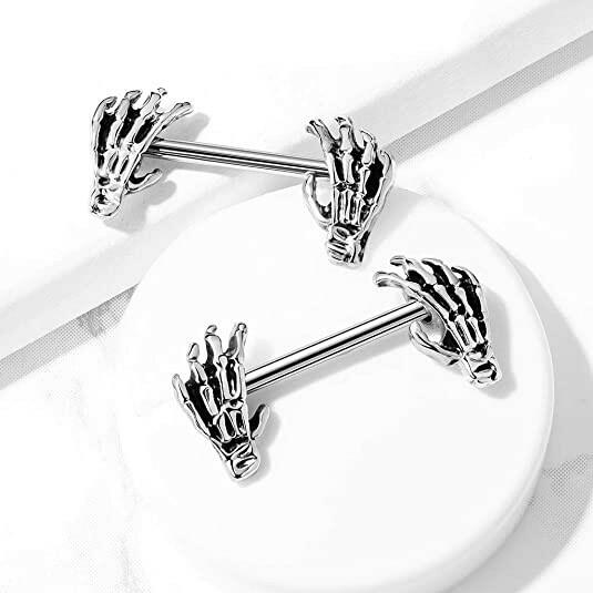 Surgical Steel Skull Hand Ends Nipple Barbell Rings Nipple Ring Impulse Piercings