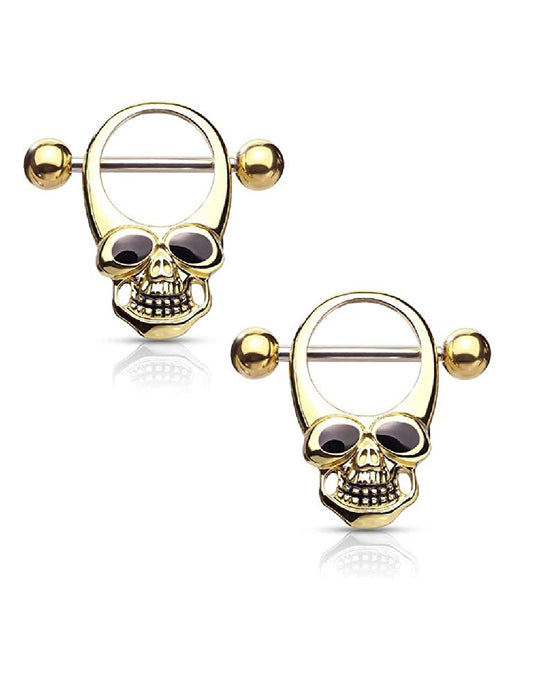 Surgical Steel Skull With Enamel Eyes Nipple Shield Rings Nipple Ring Impulse Piercings Gold