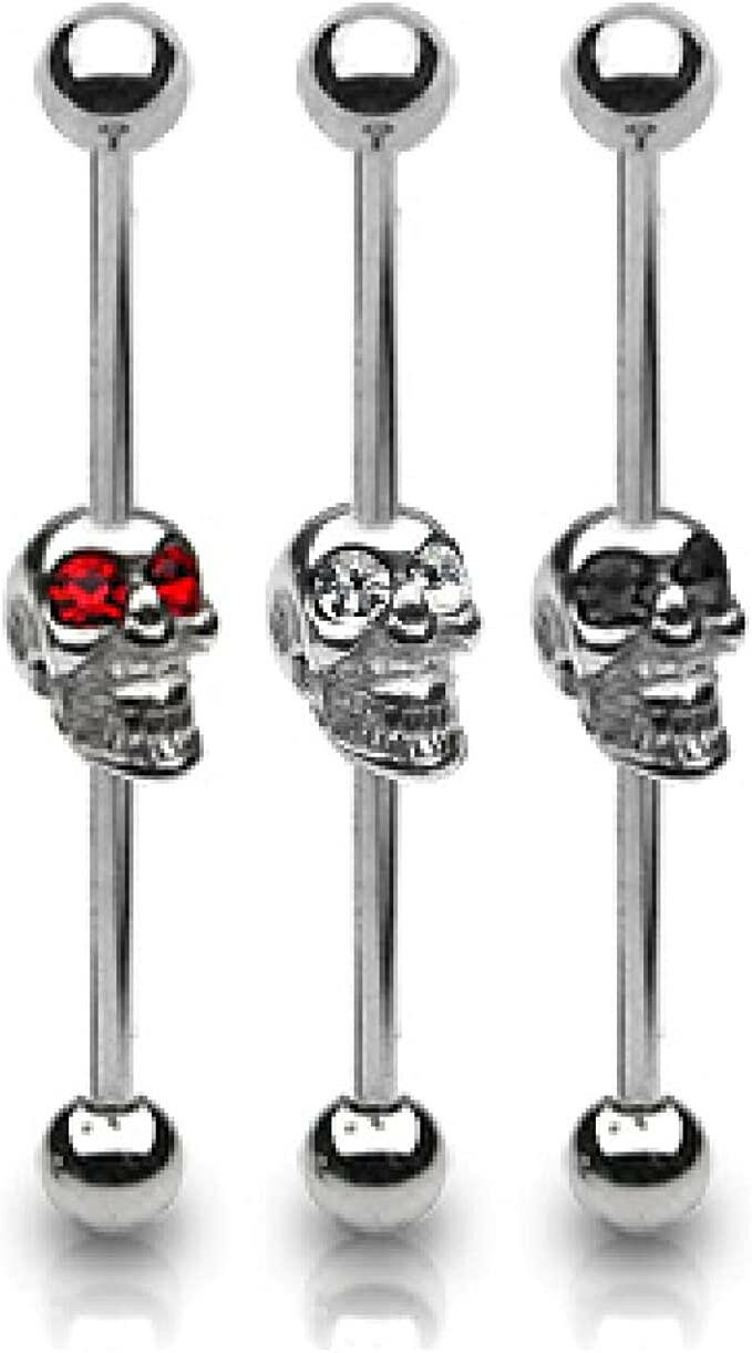 Surgical Steel Skull with Gemmed Eyes Industrial Barbell Industrial Barbell Impulse Piercings Clear