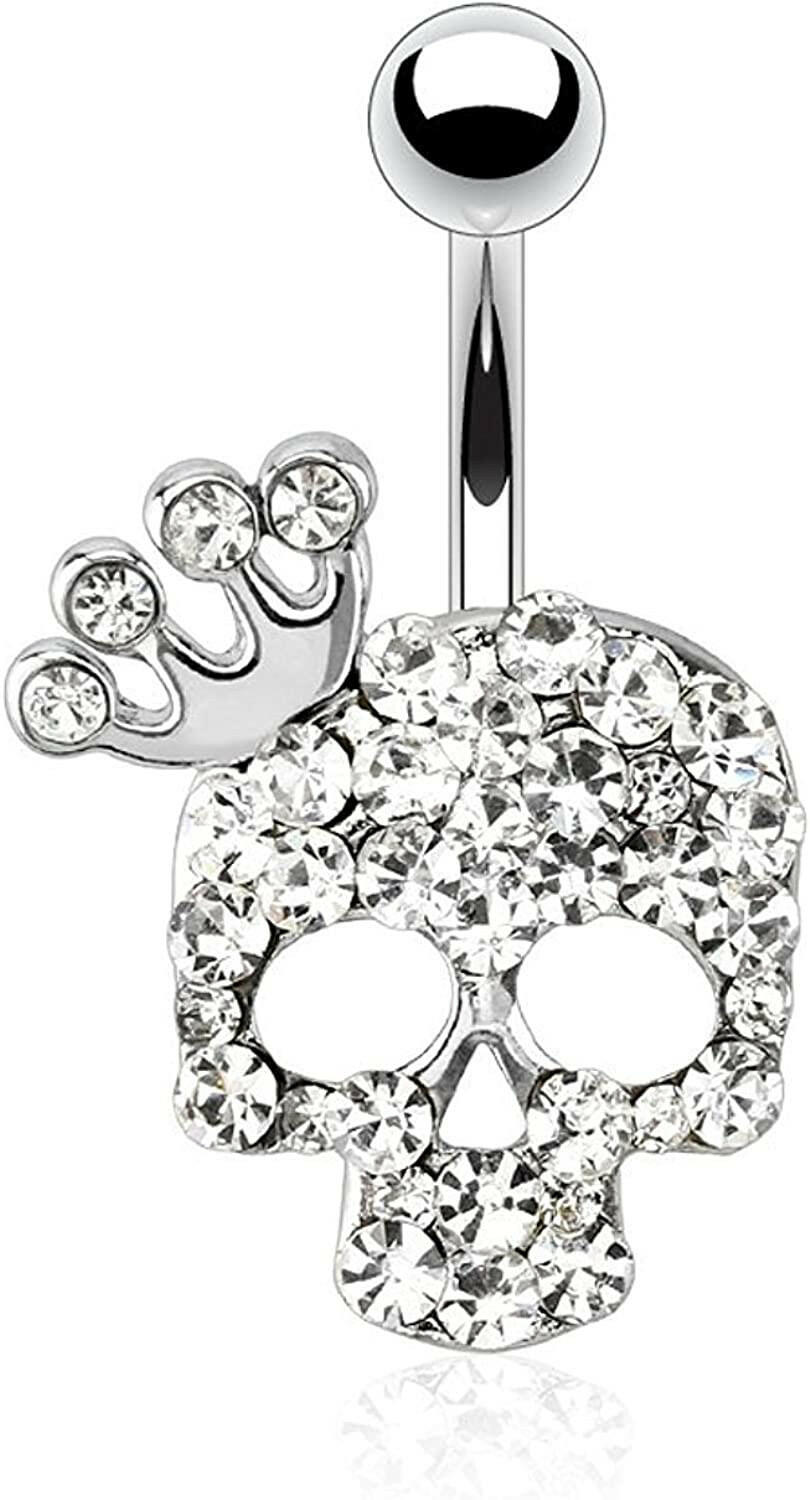 Surgical Steel Skull with Paved Gem and Gemmed Four Point Crown Belly Navel Ring Navel Ring Impulse Piercings