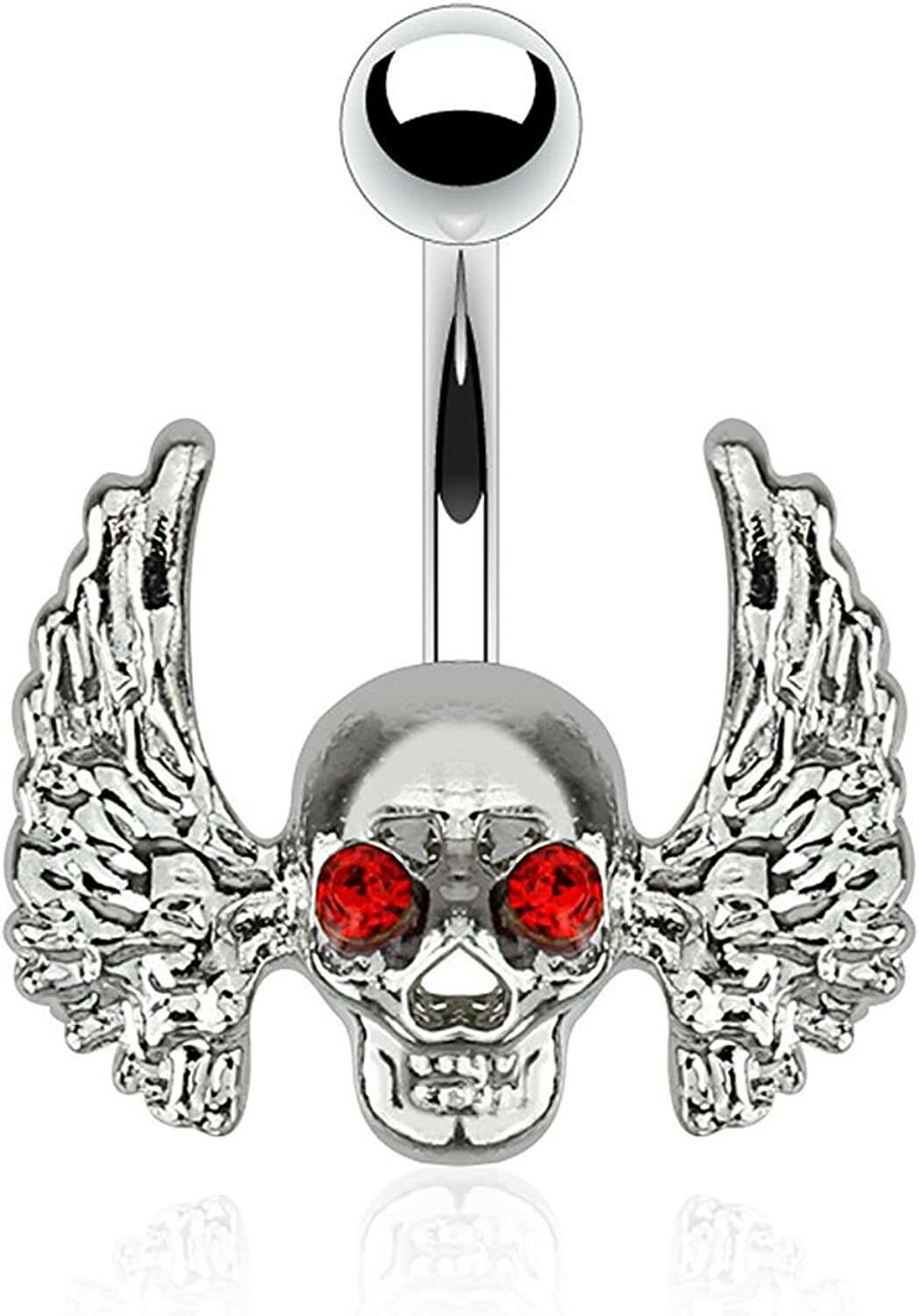 Surgical Steel Skull with Red Gem Eyes and Angel Wings Belly Navel Ring Navel Ring Impulse Piercings