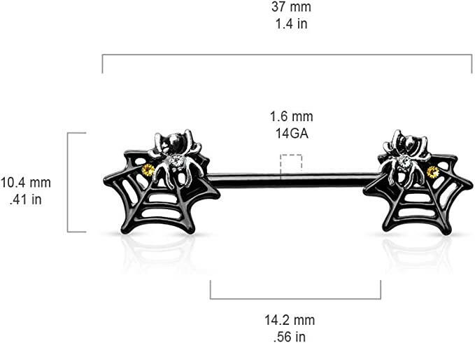 Surgical Steel Spider On Web With Yellow and Clear Crystals Nipple Barbell Rings Nipple Ring Impulse Piercings