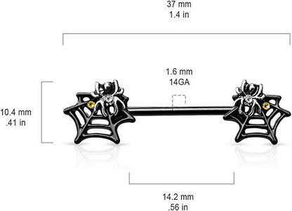 Surgical Steel Spider On Web With Yellow and Clear Crystals Nipple Barbell Rings Nipple Ring Impulse Piercings