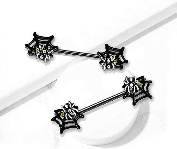 Surgical Steel Spider On Web With Yellow and Clear Crystals Nipple Barbell Rings Nipple Ring Impulse Piercings