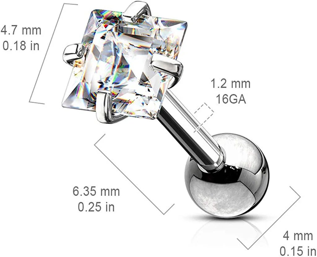 Surgical Steel Square CZ Cartilage Tragus Barbell Studs Cartilage Earring Impulse Piercings