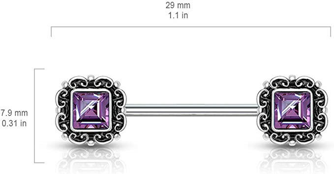 Surgical Steel Square CZ Center Antique Silver Plated Square Filigree Nipple Barbell Rings Nipple Ring Impulse Piercings