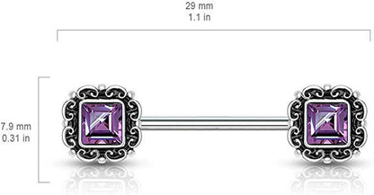 Surgical Steel Square CZ Center Antique Silver Plated Square Filigree Nipple Barbell Rings Nipple Ring Impulse Piercings