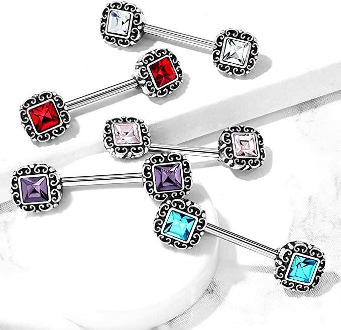 Surgical Steel Square CZ Center Antique Silver Plated Square Filigree Nipple Barbell Rings Nipple Ring Impulse Piercings