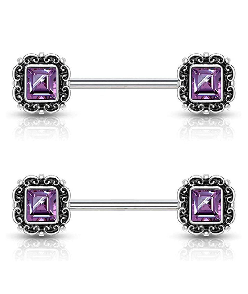 Surgical Steel Square CZ Center Antique Silver Plated Square Filigree Nipple Barbell Rings Nipple Ring Impulse Piercings Purple