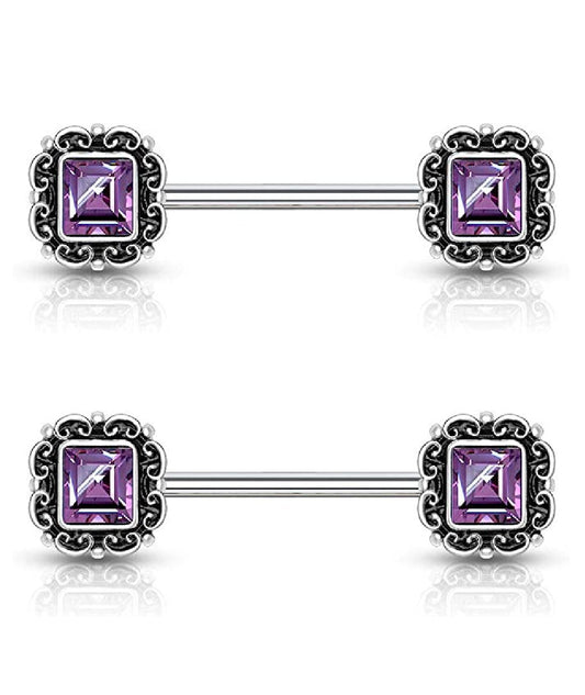 Surgical Steel Square CZ Center Antique Silver Plated Square Filigree Nipple Barbell Rings Nipple Ring Impulse Piercings Purple