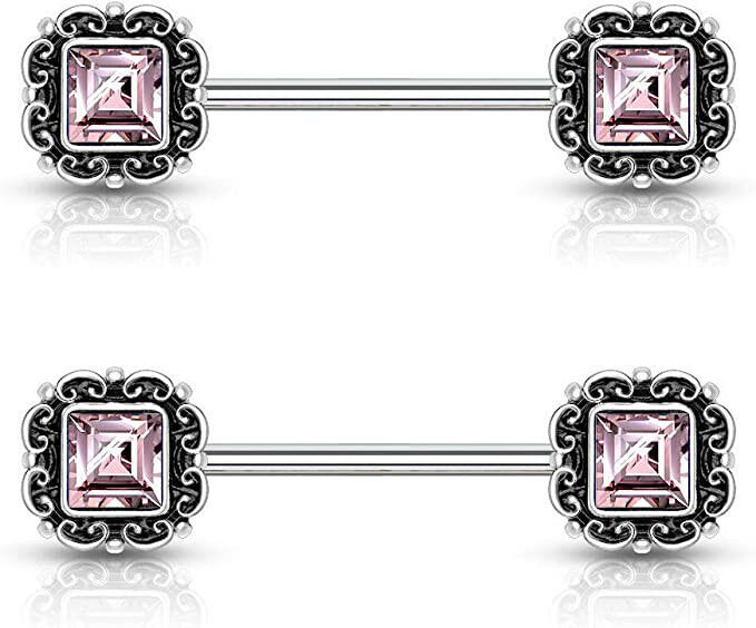 Surgical Steel Square CZ Center Antique Silver Plated Square Filigree Nipple Barbell Rings Nipple Ring Impulse Piercings Pink