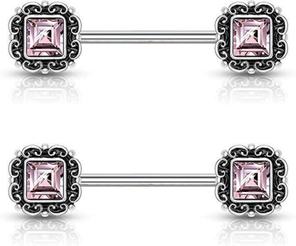 Surgical Steel Square CZ Center Antique Silver Plated Square Filigree Nipple Barbell Rings Nipple Ring Impulse Piercings Pink