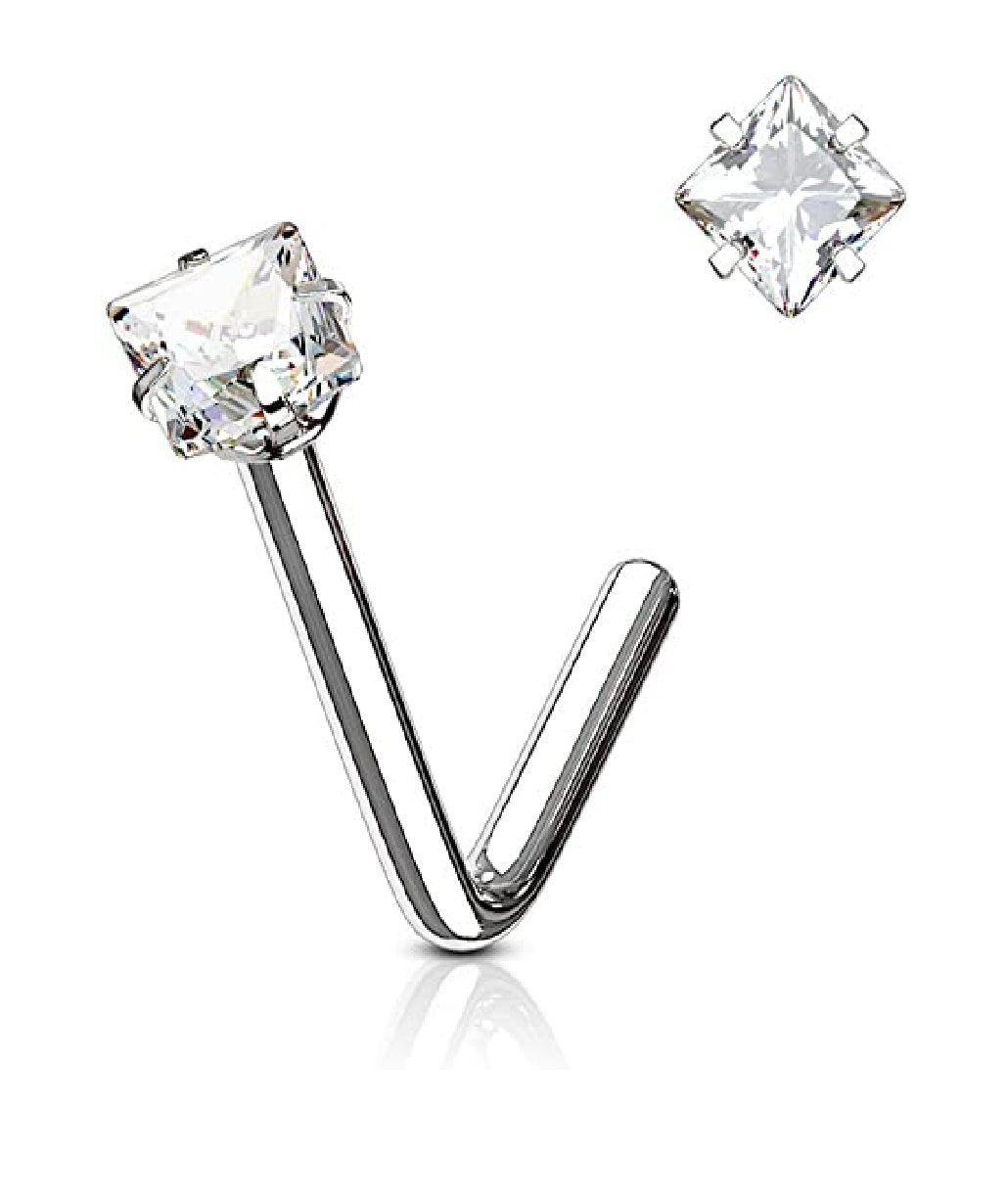 Surgical Steel Square CZ L Bend Nose Rings Nose Ring Impulse Piercings 20GA Length: 6mm Clear