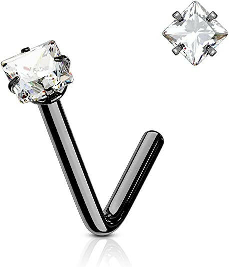 Surgical Steel Square CZ L Bend Nose Rings Nose Ring Impulse Piercings 20GA Length: 6mm Black