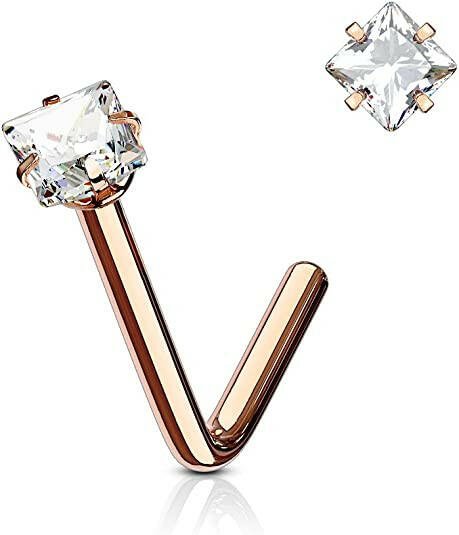 Surgical Steel Square CZ L Bend Nose Rings Nose Ring Impulse Piercings 20GA Length: 6mm Rose Gold