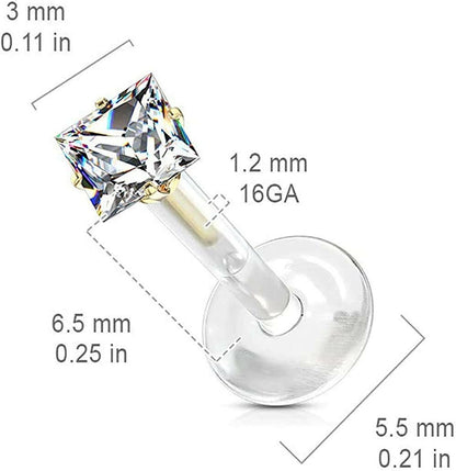 Surgical Steel Square CZ Top Push In Bio Flex Flat Back Studs for Labret Monroe Ear Cartilage Cartilage Earring Impulse Piercings