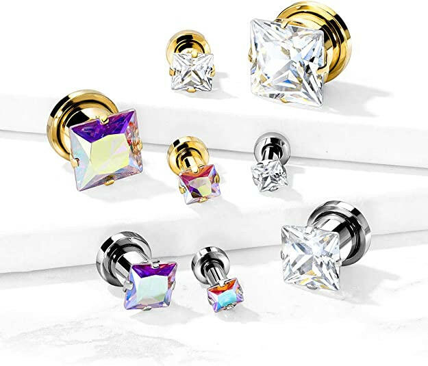 Surgical Steel Square Zircon Front Screw Fit Flesh Tunnels Plugs Impulse Piercings