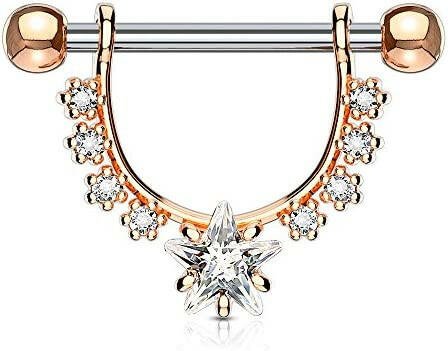 Surgical Steel Star CZ Center with Lined CZs Dangle Nipple Shield Rings Nipple Ring Impulse Piercings Rose Gold