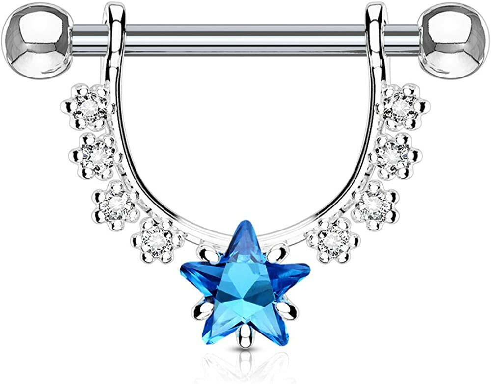 Surgical Steel Star CZ Center with Lined CZs Dangle Nipple Shield Rings Nipple Ring Impulse Piercings Aqua