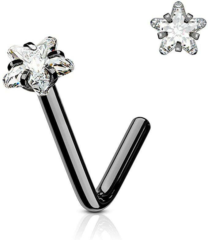 Surgical Steel Star CZ L Bend Nose Stud Rings Nose Ring Impulse Piercings 20GA Length: 6mm Black