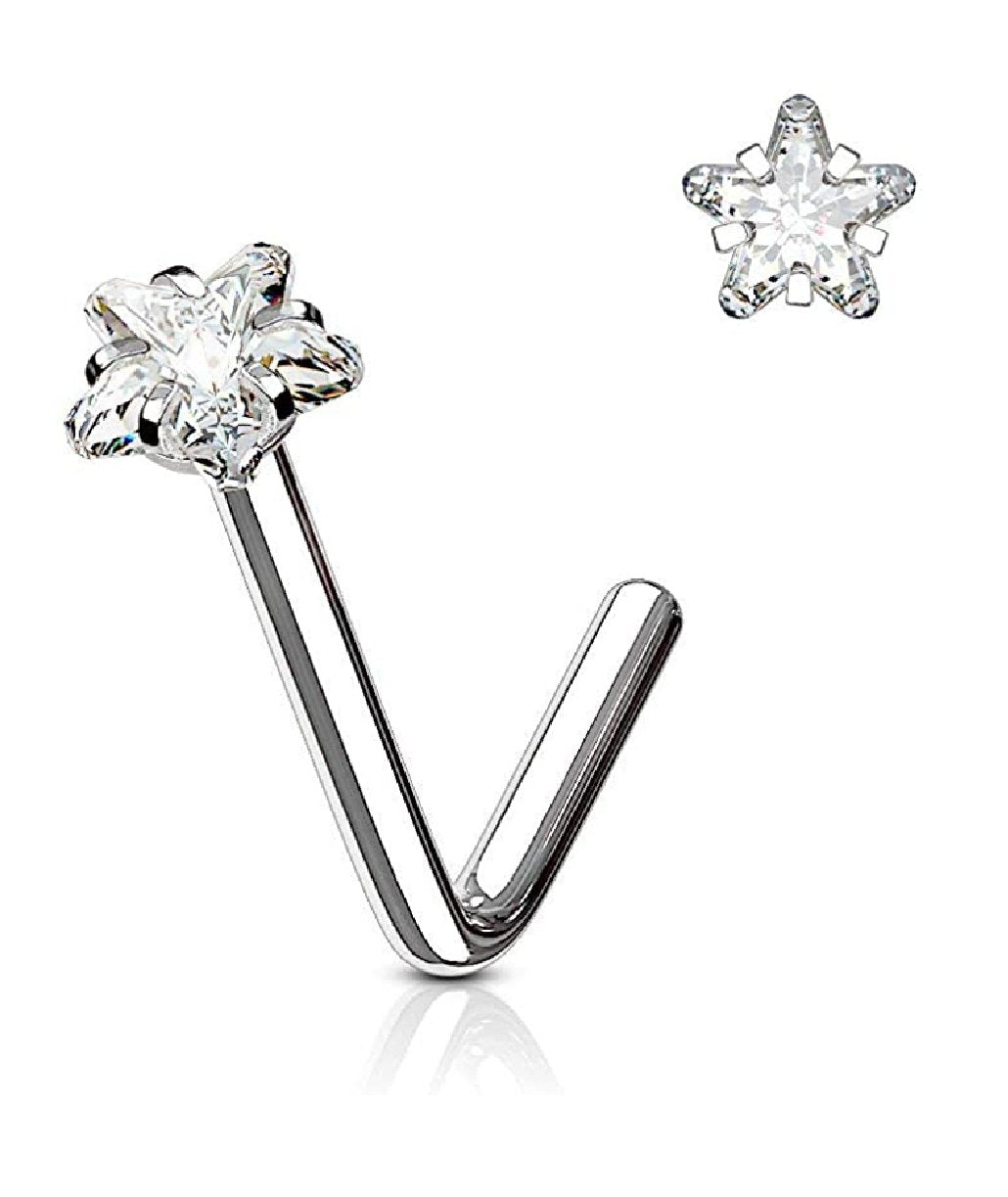 Surgical Steel Star CZ L Bend Nose Stud Rings Nose Ring Impulse Piercings 20GA Length: 6mm Clear