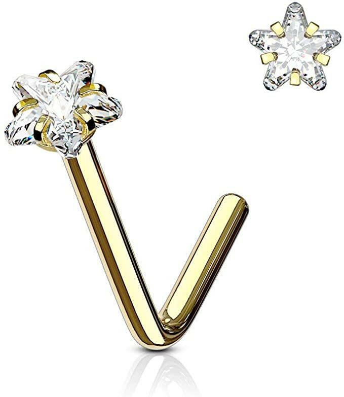 Surgical Steel Star CZ L Bend Nose Stud Rings Nose Ring Impulse Piercings 20GA Length: 6mm Gold