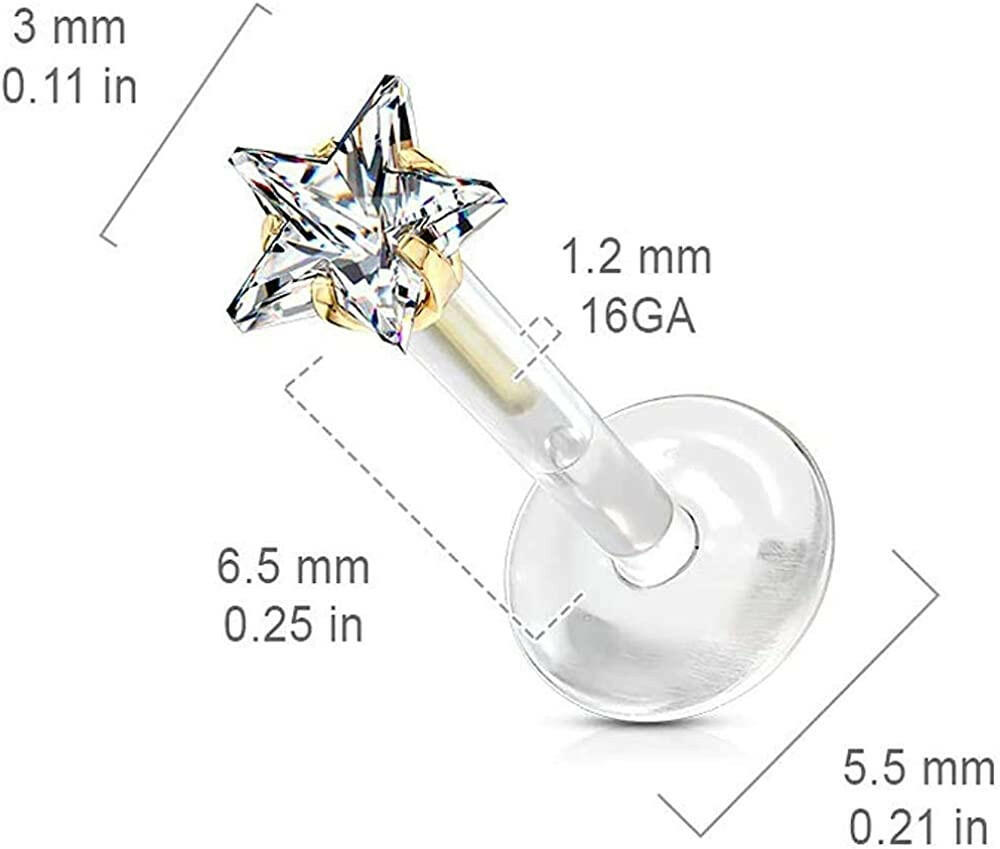 Surgical Steel Star CZ Top Push In Bio Flex Flat Back Studs for Labret Monroe Ear Cartilage Cartilage Earring Impulse Piercings