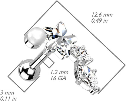 Surgical Steel Star CZ with Marquise CZ Vine and Pearl Cartilage Tragus Barbell Stud Cartilage Impulse Piercings