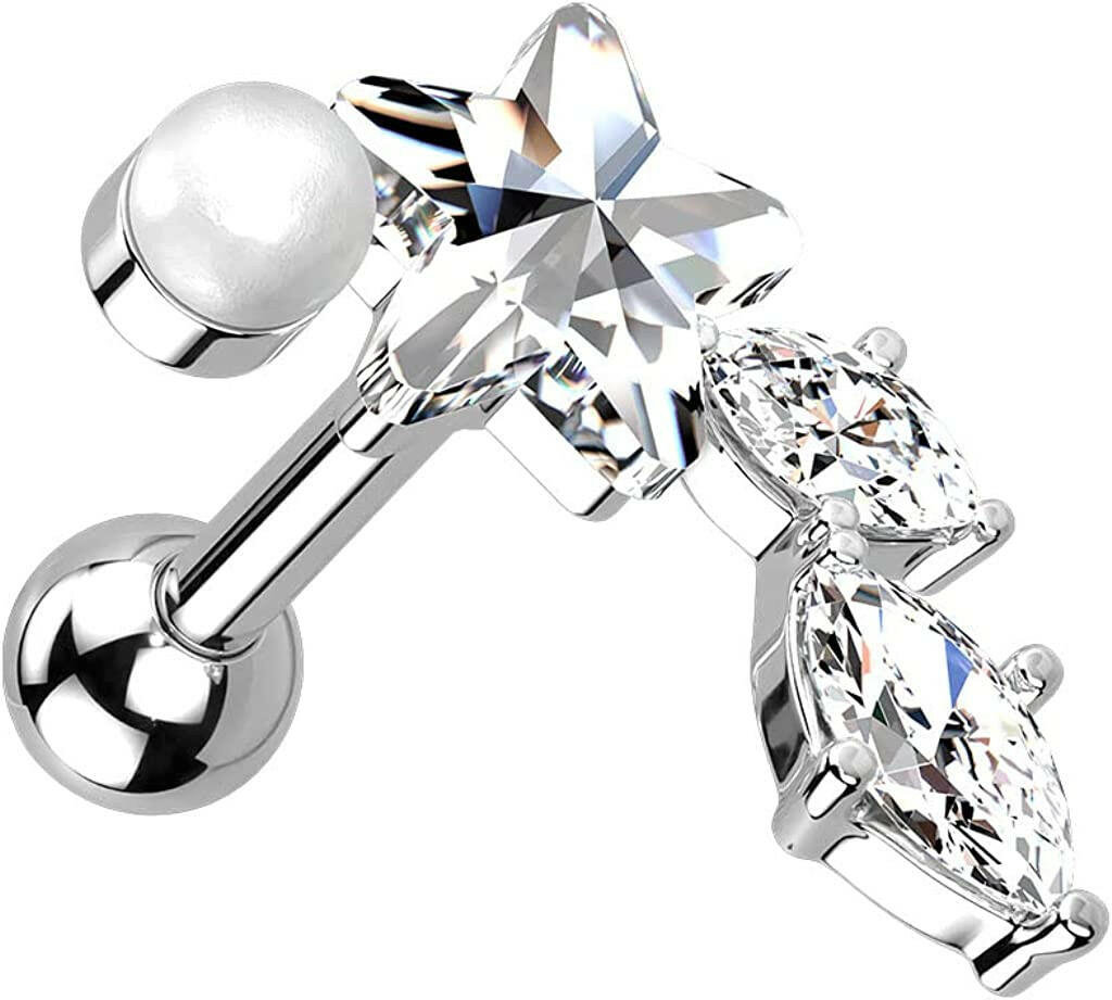 Surgical Steel Star CZ with Marquise CZ Vine and Pearl Cartilage Tragus Barbell Stud Cartilage Impulse Piercings Clear