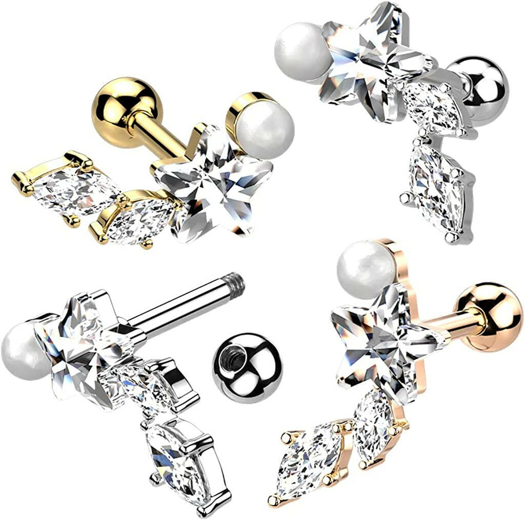 Surgical Steel Star CZ with Marquise CZ Vine and Pearl Cartilage Tragus Barbell Stud Cartilage Impulse Piercings