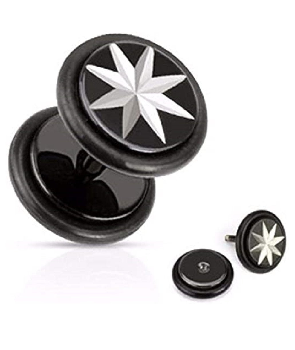 Surgical Steel Star Grooved Cut Black IP with O-Rings Fake Plugs Fake Plug Impulse Piercings