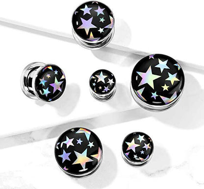 Surgical Steel Stars Hologram Screw Fit Flesh Tunnel Plugs Plugs Impulse Piercings