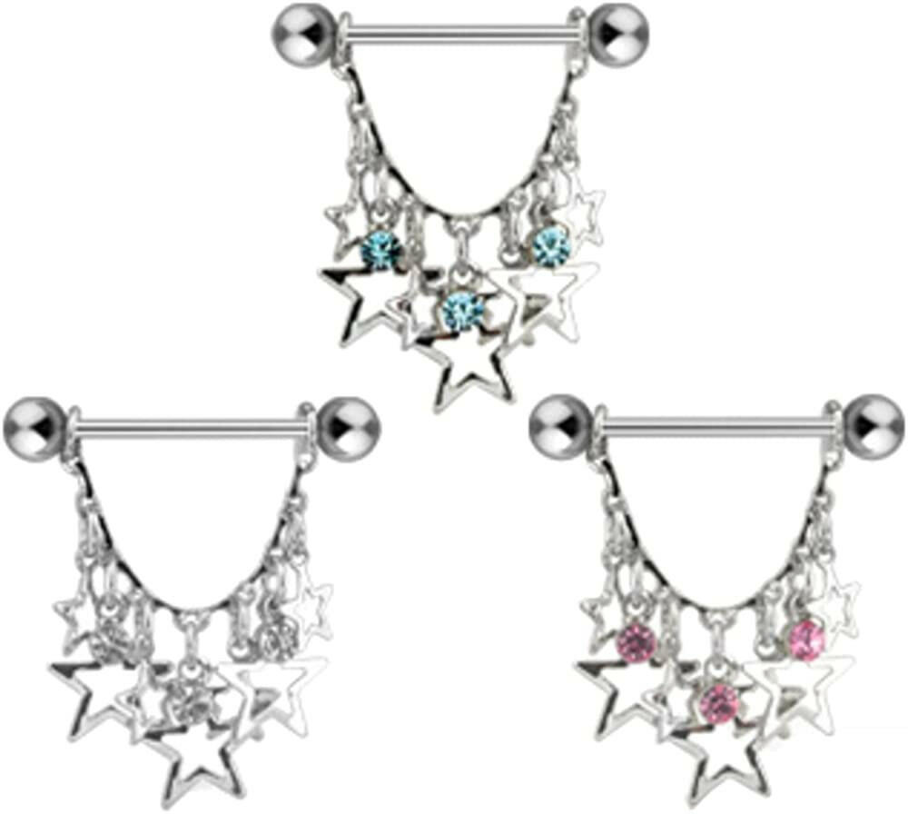 Surgical Steel Stars with Crystals Dangle Nipple Shield Rings Nipple Ring Impulse Piercings Clear