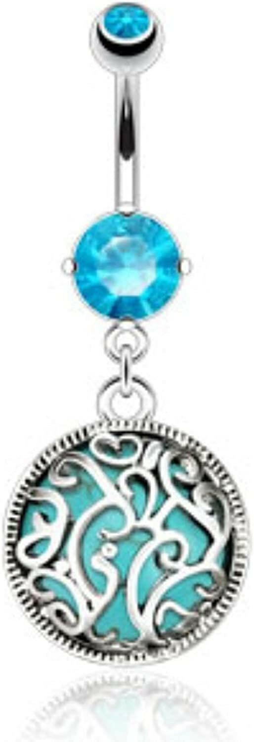 Surgical Steel Swirls Medalian with Turquoise Semi Precious Stone Inside Belly Navel Ring Navel Ring Impulse Piercings