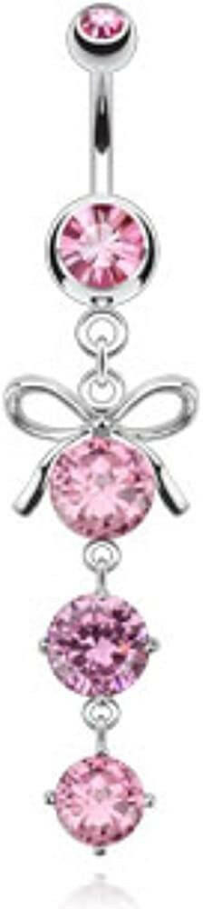 Surgical Steel Swirls Ribbon with Cascading Droplets of Orb Gems Belly Navel Ring Navel Ring Impulse Piercings Pink